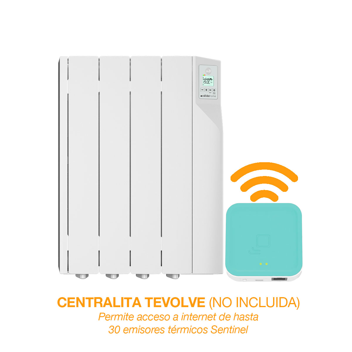 Un radiador blanco y una caja turquesa con señal wifi arriba. El texto de abajo dice: CENTRALITA TEVOLVE (NO INCLUIDA).