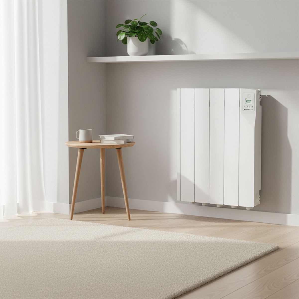 Un interior moderno con radiador blanco, mesita, libros y una planta. Se ven una alfombra y suelo de madera.