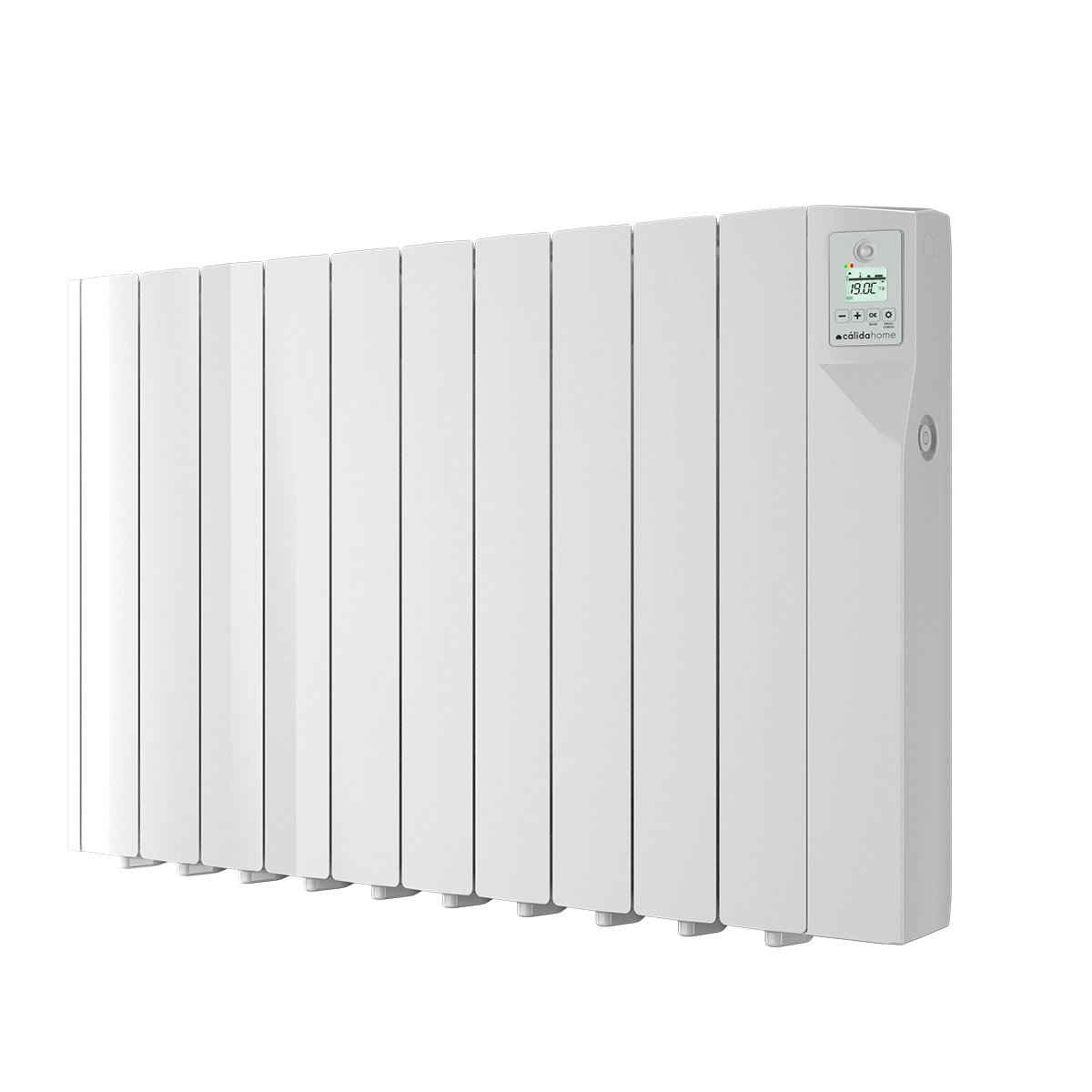 Un radiador eléctrico blanco con paneles verticales. Tiene una pantalla digital que muestra la temperatura. El logotipo de la marca es visible.