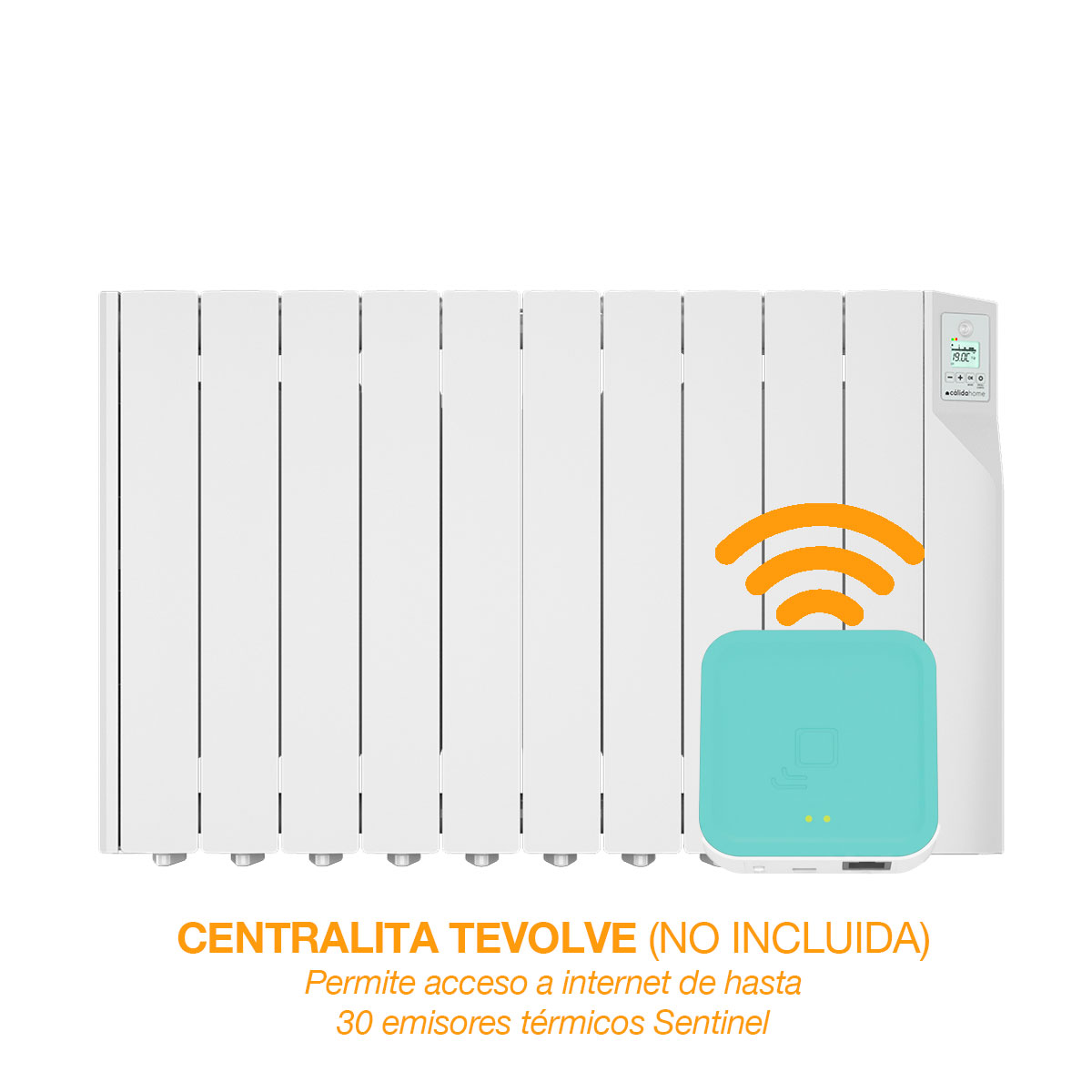 Un radiador blanco con un cuadrado turquesa y un símbolo wifi. El texto dice 'CENTRALITA TEVOLVE' y 'Permite acceso a internet'.