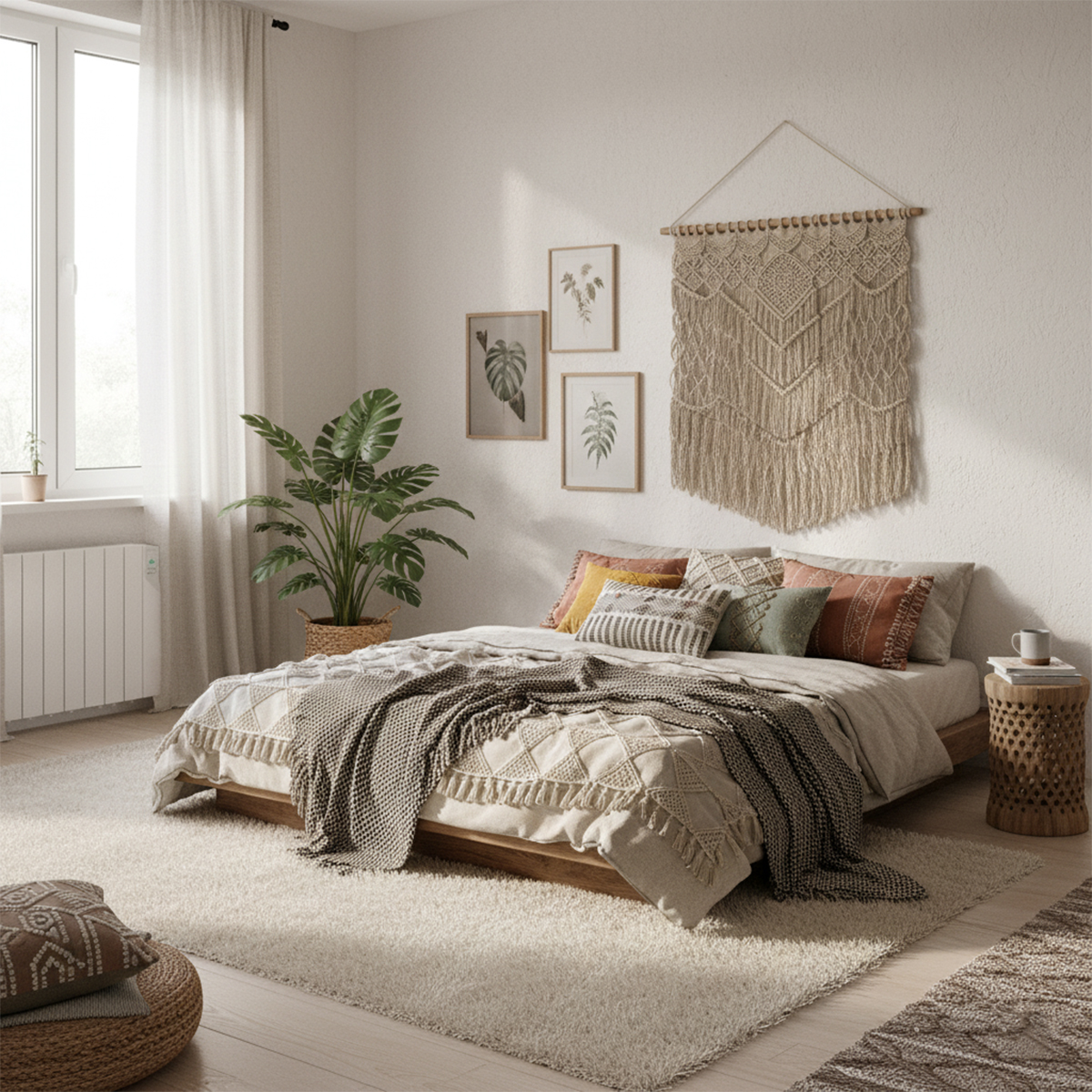 Dormitorio acogedor con cama, almohadas, planta, macramé, y láminas botánicas. Paleta de colores suaves y neutros.