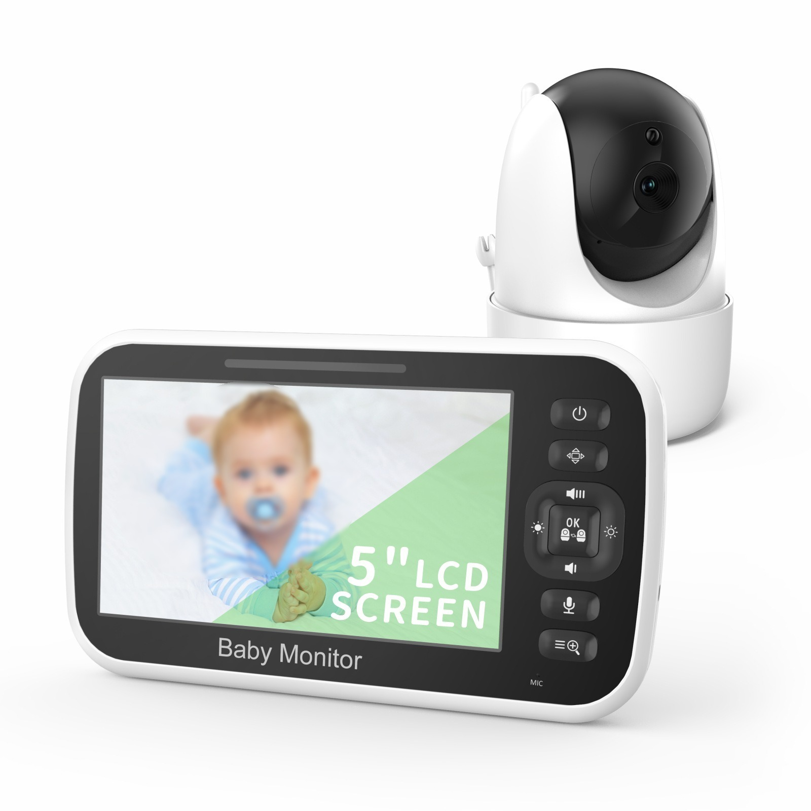 Babyphone-Set. LCD-Bildschirm zeigt Baby. Kamera daneben. Weiße und schwarze Farben.