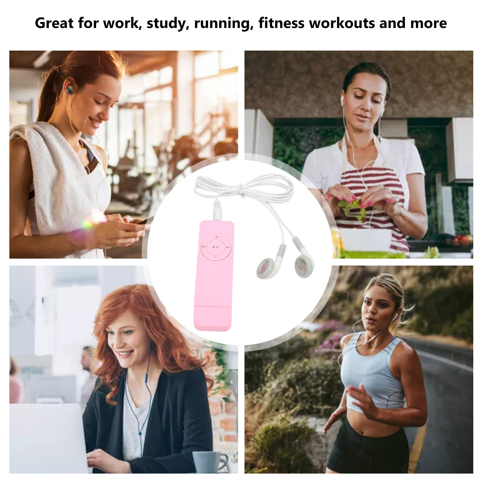 Das Bild zeigt einen MP3-Player mit Kopfhörern und Personen, die sie in verschiedenen Umgebungen verwenden: Fitnessstudio, Kochen, Arbeiten und Laufen.