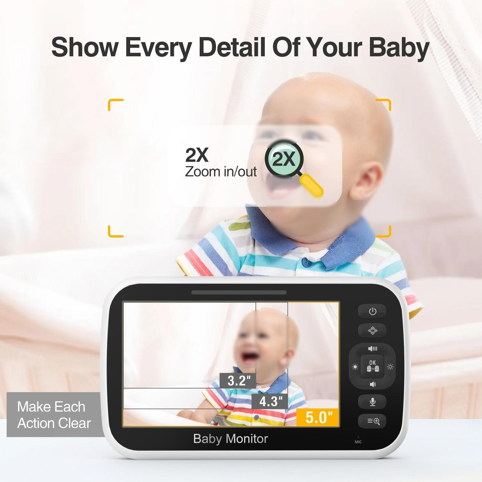 Ein Babyphone zeigt das Gesicht eines Babys mit einem Zoom-Symbol und Text, der Babyphone sagt.
