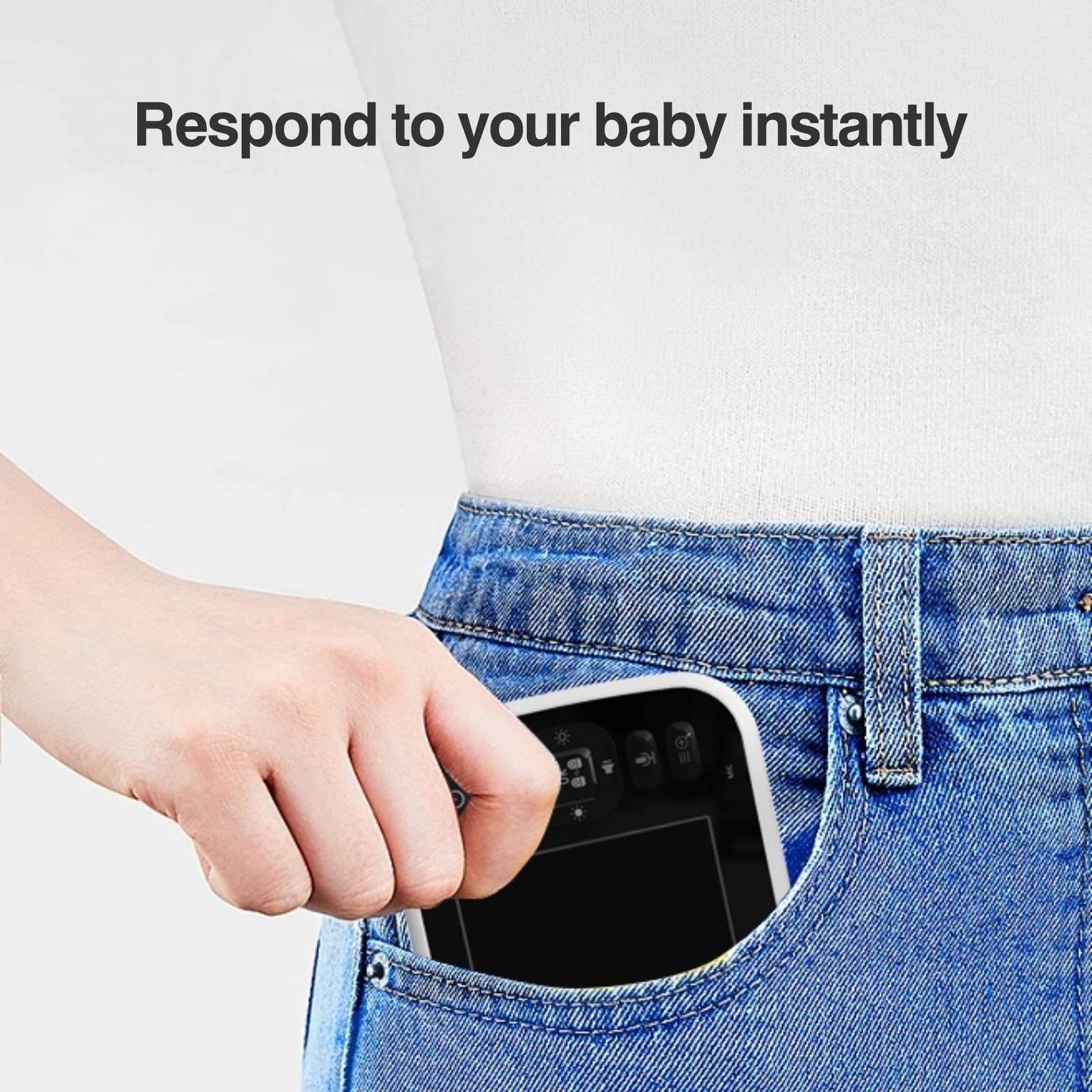 Eine Hand hält ein Gerät in einer Tasche. Der Text lautet: Reagieren Sie sofort auf Ihr Baby.