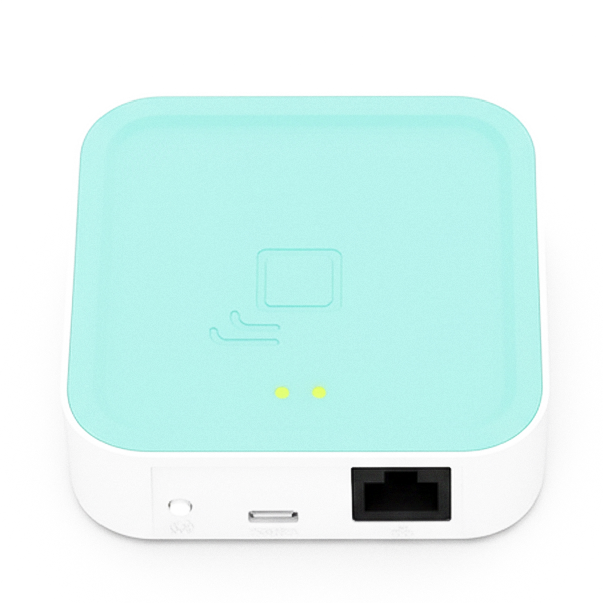 Un dispositivo cuadrado con base blanca y parte superior color turquesa. Cuenta con un puerto y dos luces amarillas. Tiene puerto de alimentación y ethernet.