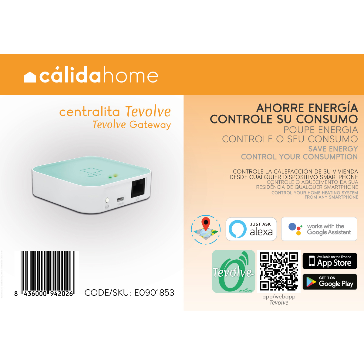 Un dispositivo Tevolve Gateway blanco y verde azulado. Tiene un código de barras e información de descarga de la aplicación. El texto dice "Ahorra energía".