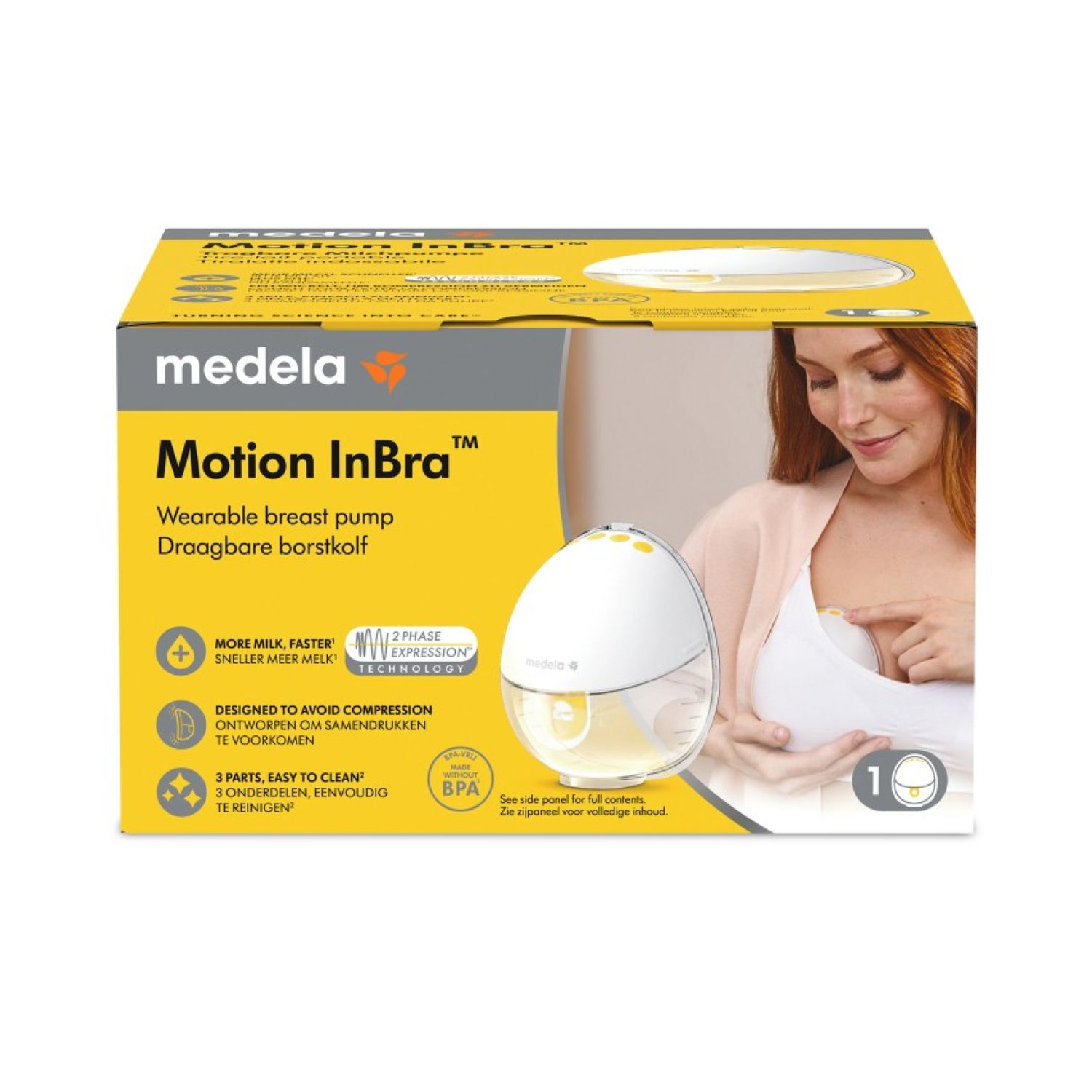 Schachtel der Medela Motion InBra, tragbare Brustpumpe. Eine Frau trägt die Pumpe und lächelt. Weiß und Gelb dominieren.