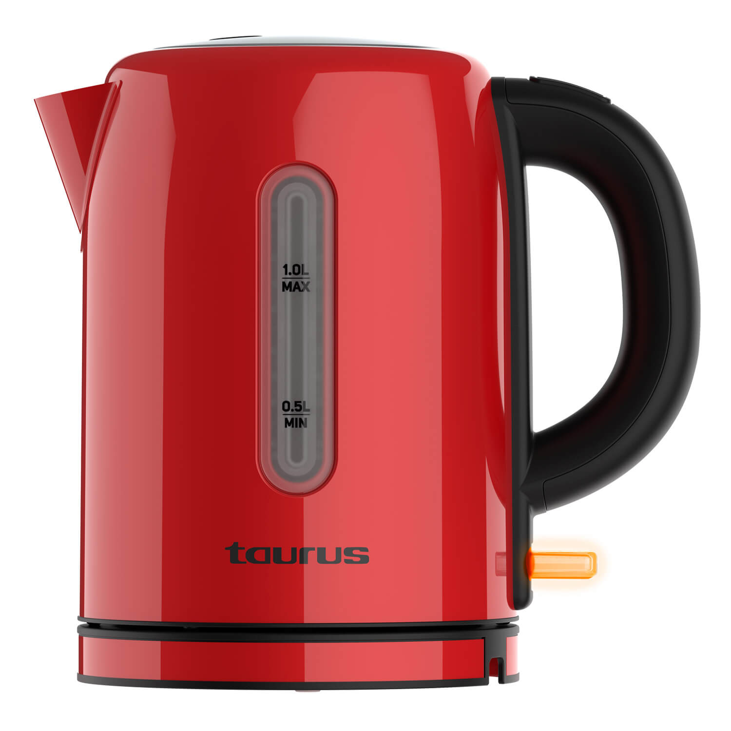 Ein roter Wasserkocher mit schwarzem Griff. Er hat eine Wasserstandsanzeige, einen Ein-/Ausschalter und den Markennamen 'Taurus'.