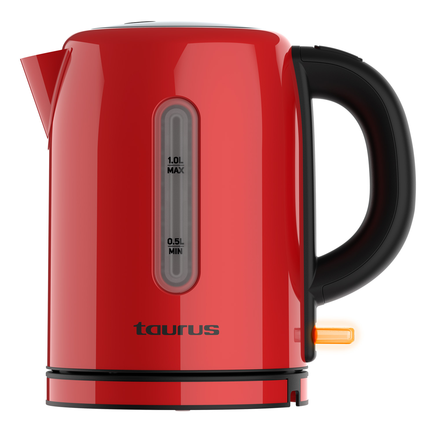 Ein roter Wasserkocher mit schwarzem Griff und Wasserstandsanzeige. Der Markenname 'Taurus' ist sichtbar.