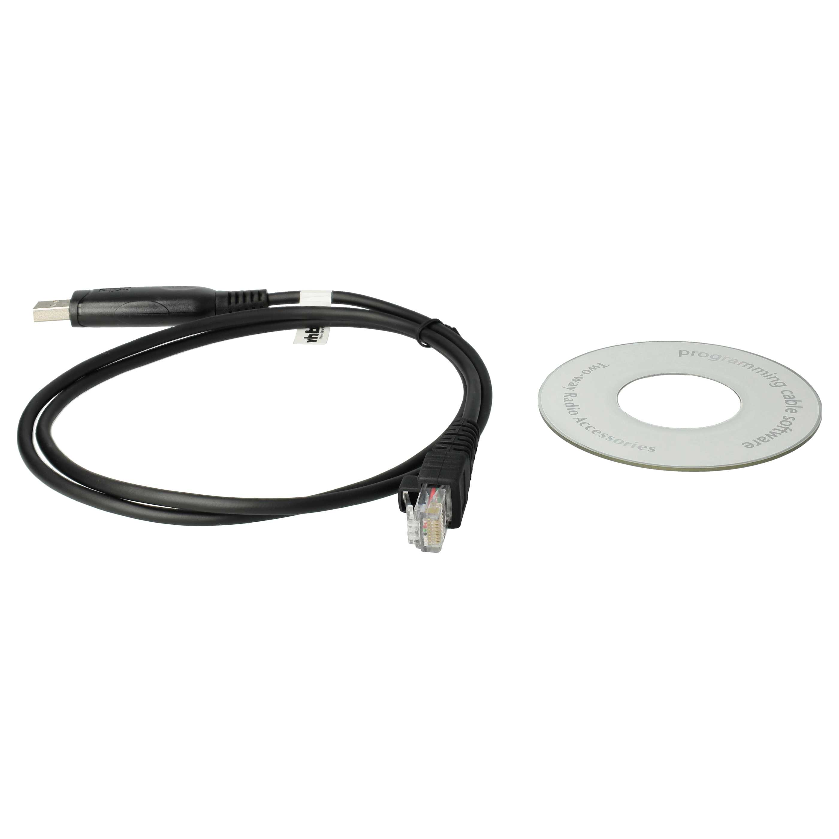 Ein schwarzes Kabel mit USB- und RJ45-Anschlüssen und eine CD mit der Aufschrift 'Programmierung Kabelsoftware'.