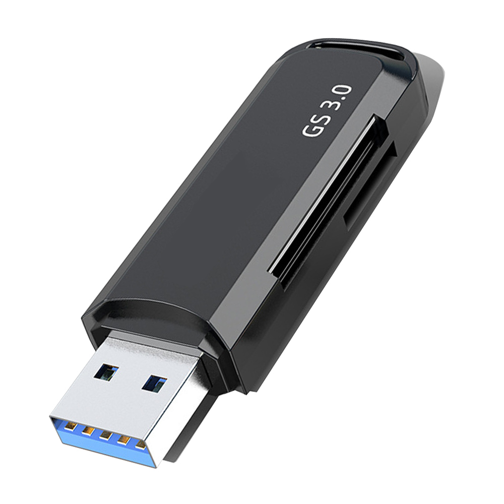 Ein schwarzes USB-Kartenlesegerät. Es hat einen USB-Anschluss und 'GS 3.0' ist auf der Oberseite aufgedruckt.