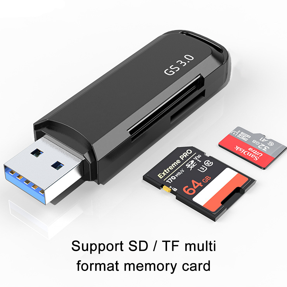 Ein schwarzer Kartenleser mit USB-Anschluss, SD-Karten und Text, der besagt: Unterstützt SD/TF Multi-Format-Speicherkarte.