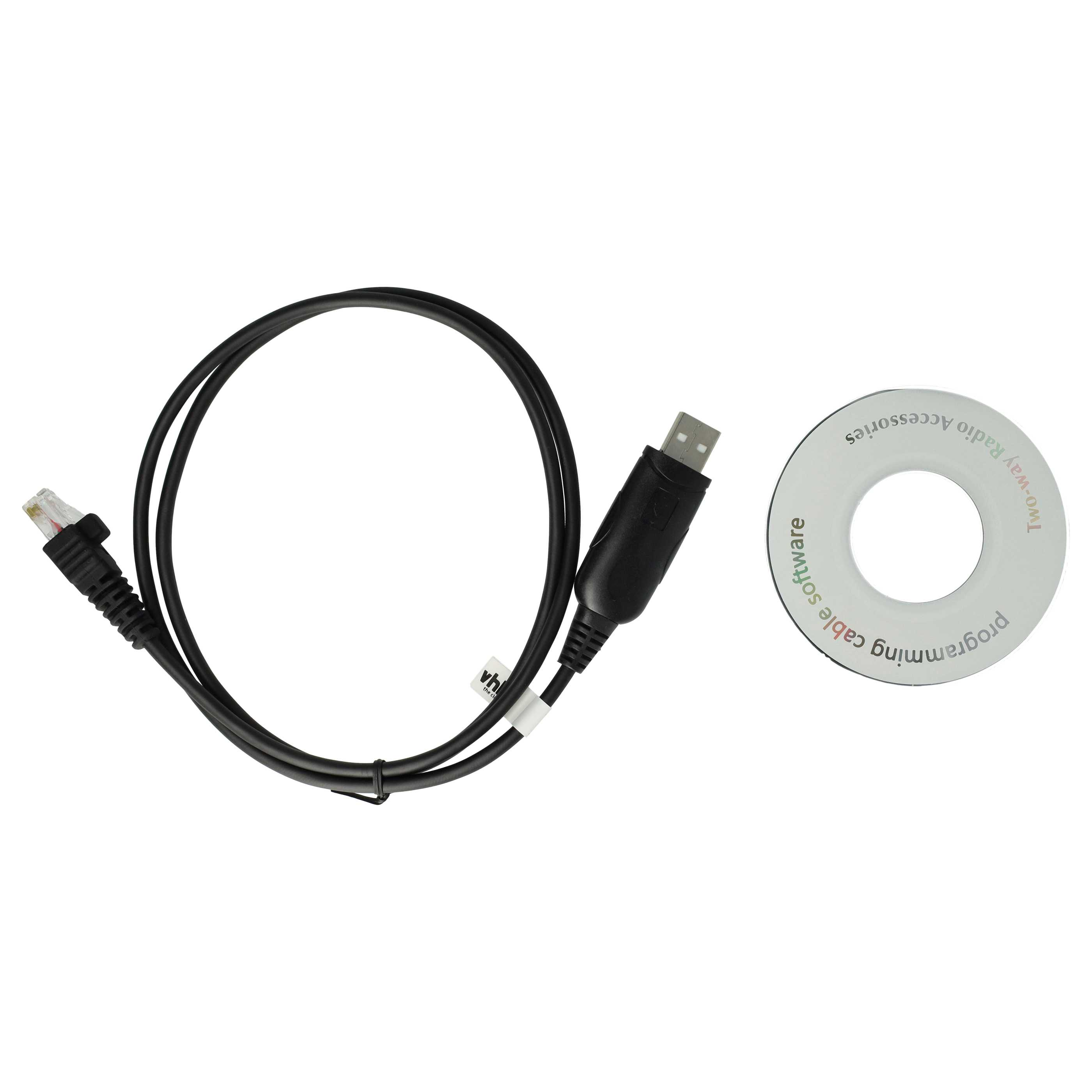 Ein schwarzes Kabel mit Anschlüssen und einem USB-Anschluss sowie eine CD mit der Aufschrift 'Programmierung Kabelsoftware'.