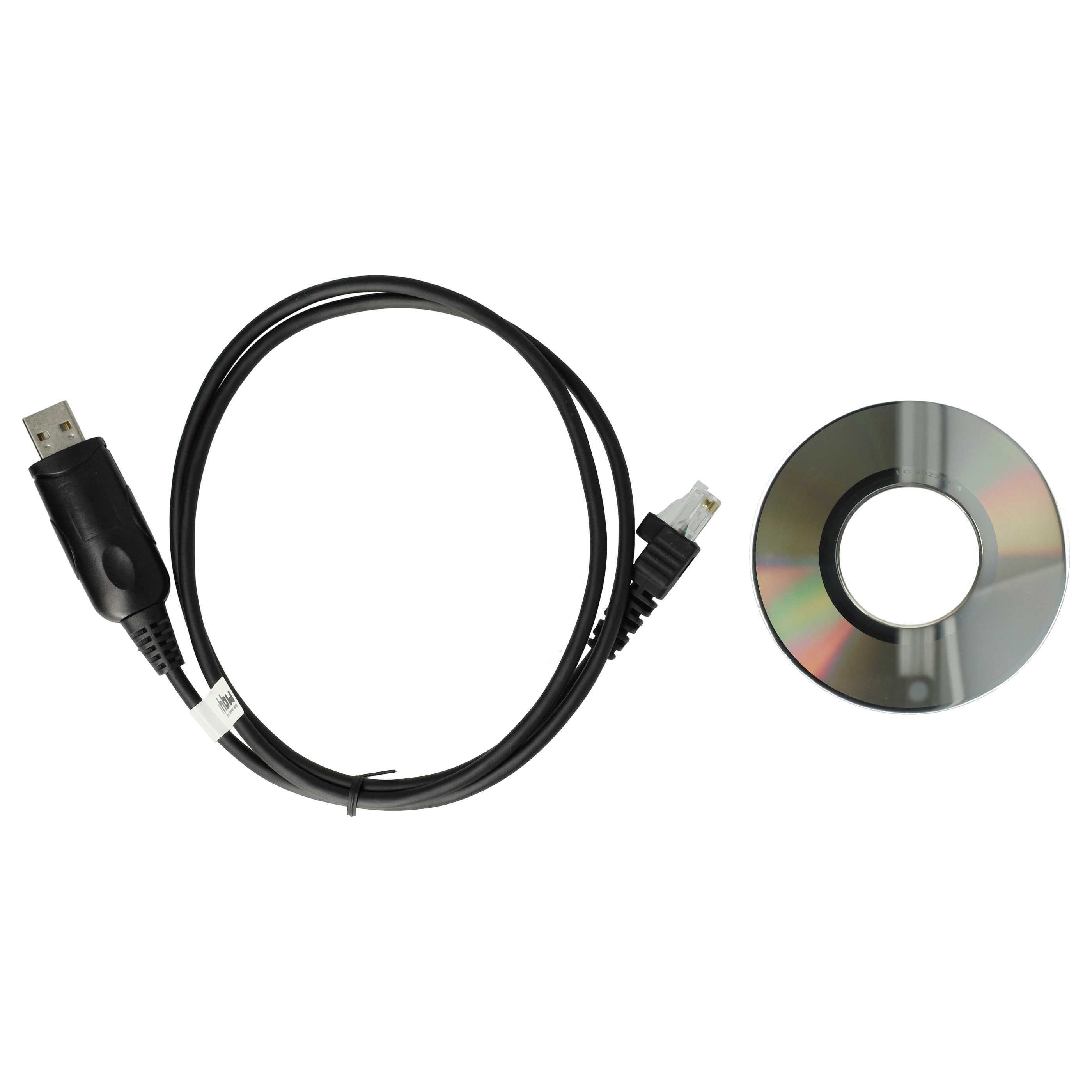 Ein schwarzes USB-Kabel und ein Ethernet-Kabel sind verbunden. Rechts befindet sich eine CD. Alle Artikel sind auf weißem Hintergrund.