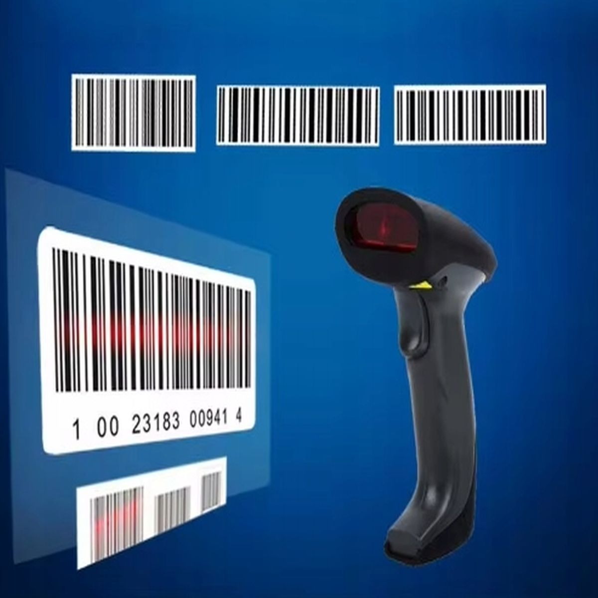 Skaner kodów kreskowych znajduje się obok kodu kreskowego. Skaner jest czarny z czerwonym światłem, tło jest niebieskie.