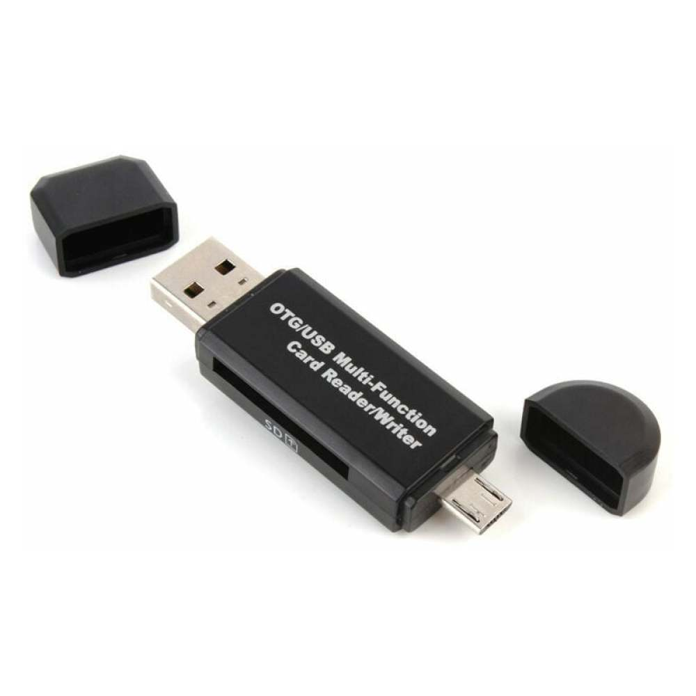 Ein schwarzer OTG/USB-Multifunktions-Kartenleser/-Schreiber mit zwei schwarzen Kappen. Es ist auf weißem Hintergrund.