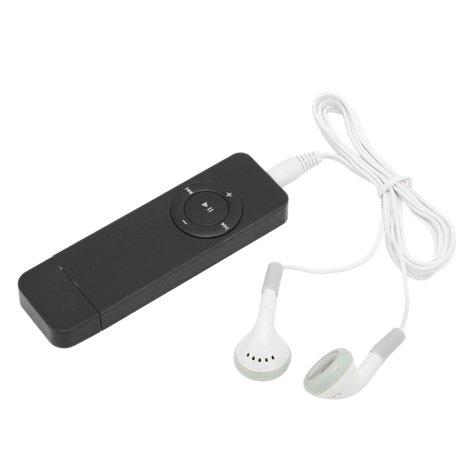 Ein schwarzer MP3-Player mit weißen Ohrhörern und weißem Kabel. Der Player hat Steuertasten.