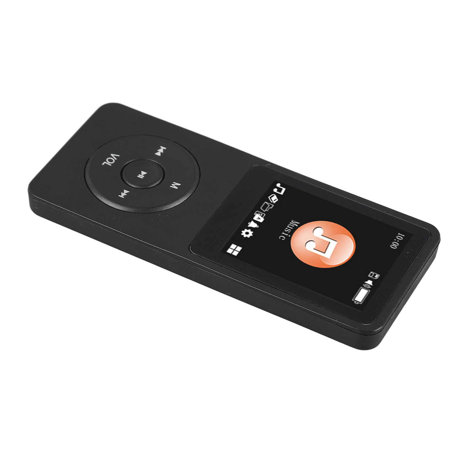 Schwarzer MP3-Player mit Bildschirm, der ein Musiksymbol anzeigt. Hat Steuertasten und Lautstärke. Isoliert auf weißem Hintergrund.