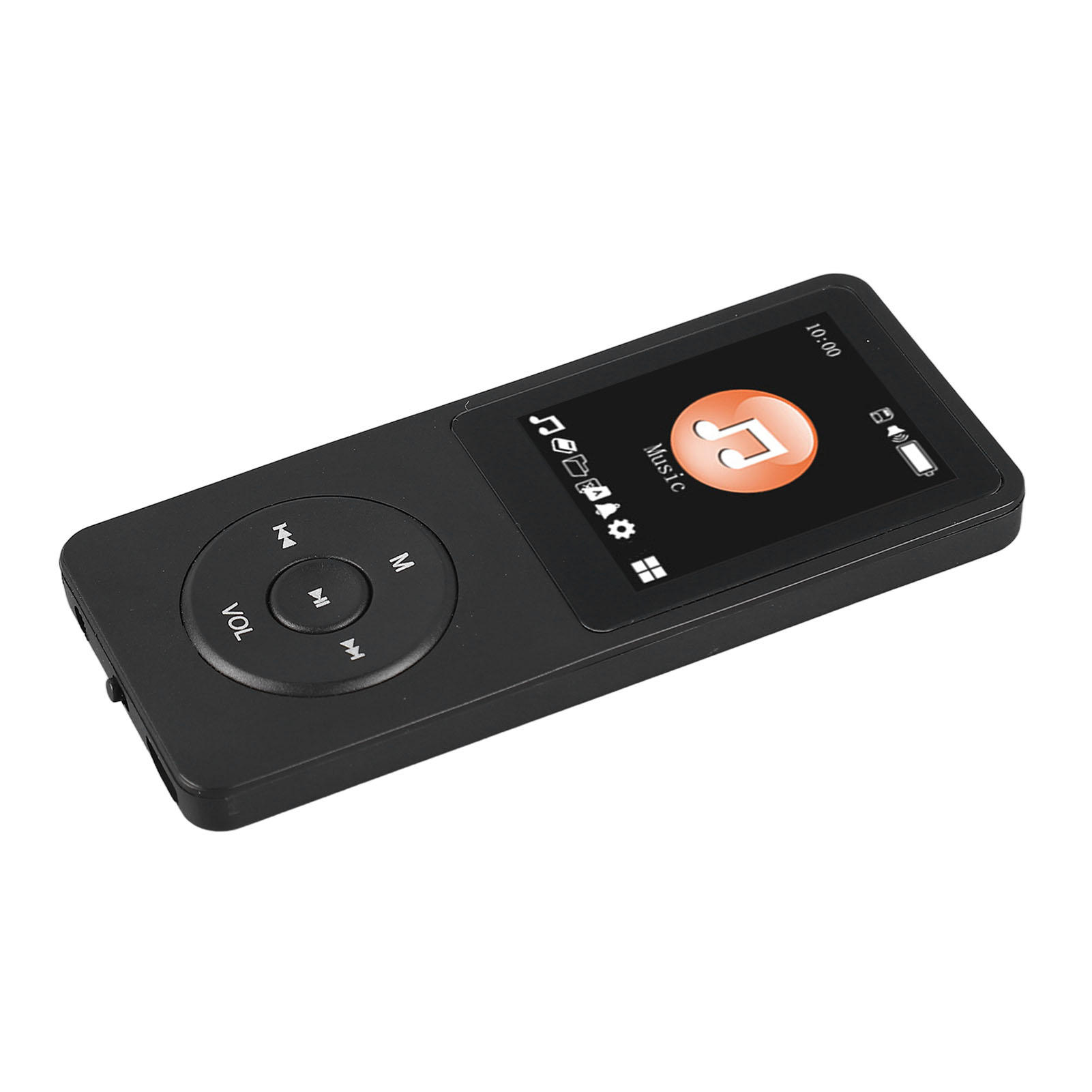 Ein schwarzer MP3-Player mit Bildschirm, der Musiksteuerungen anzeigt. Er hat Tasten für Lautstärke und Navigation.