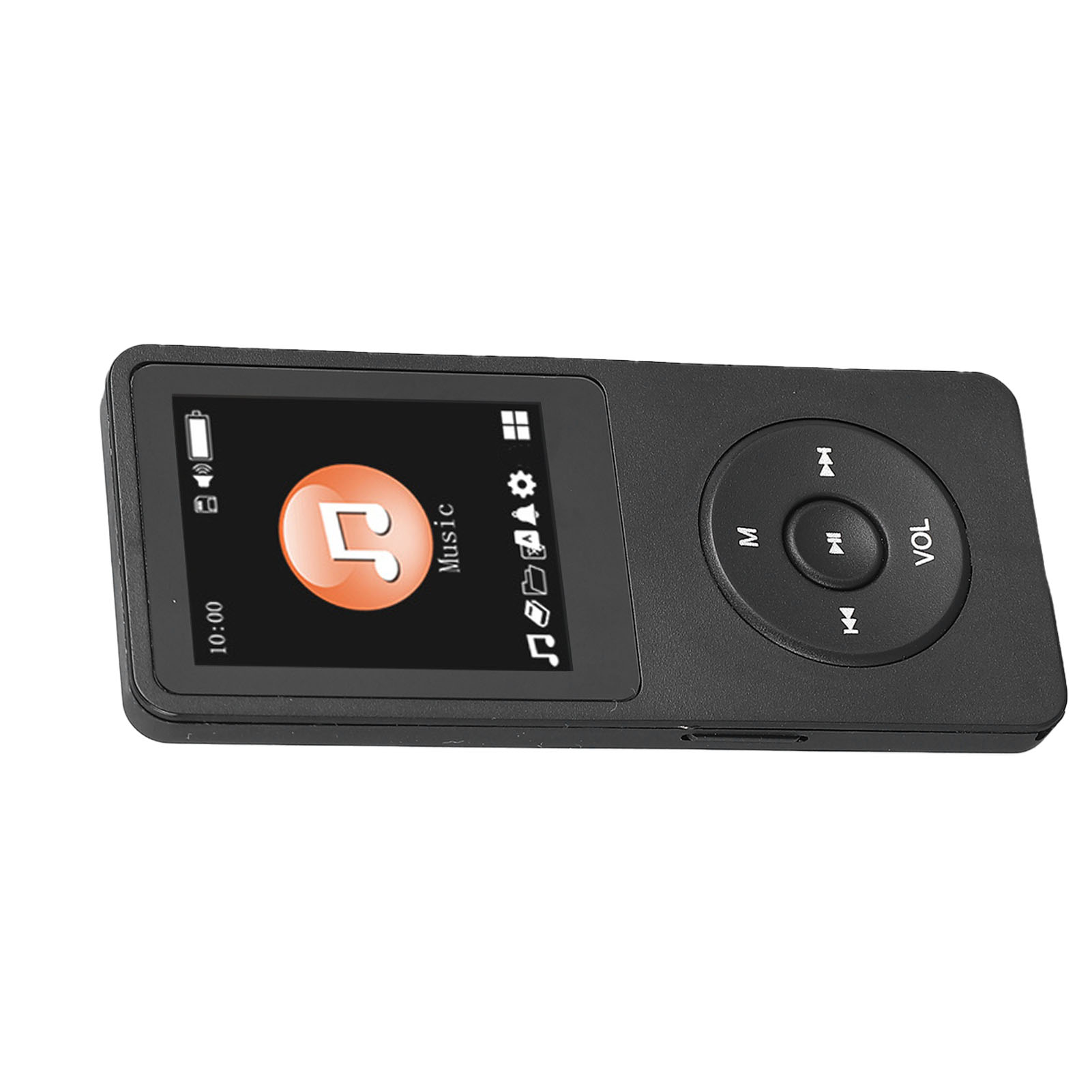 Schwarzer MP3-Player mit Bildschirm, der ein Musiksymbol und Bedienelemente anzeigt. Er hat ein kreisförmiges Steuerfeld und Lautstärketasten.