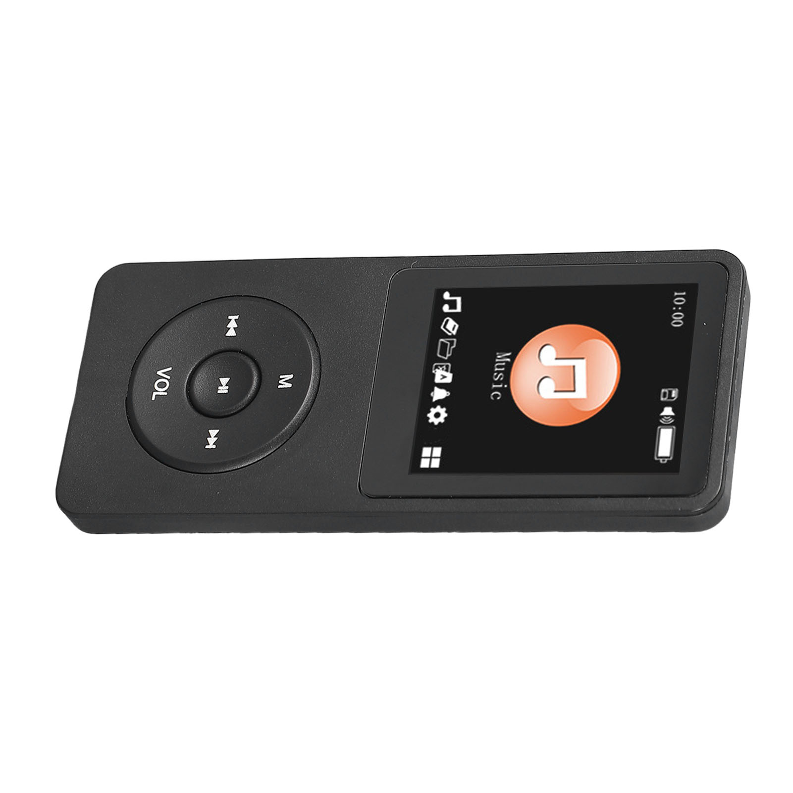 Ein schwarzer MP3-Player mit Bildschirm, der Musiksteuerungen anzeigt. Er hat Tasten für Lautstärke, Menü und Navigation.
