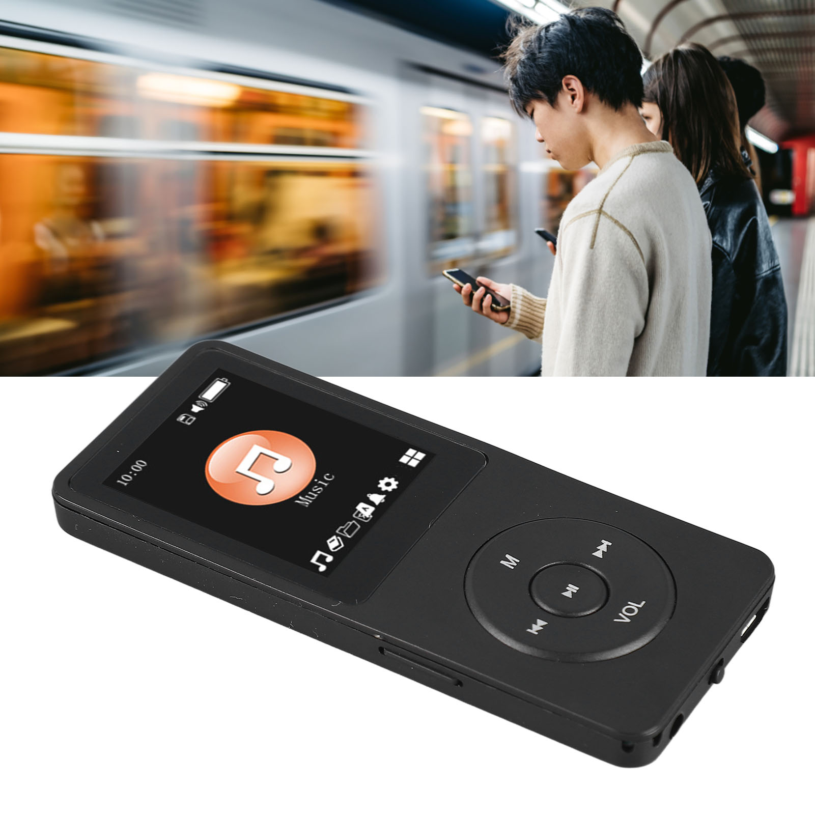 Mann und Frau in der Nähe eines Zuges, die auf ihre Telefone schauen. Im Vordergrund befindet sich ein schwarzer MP3-Player.