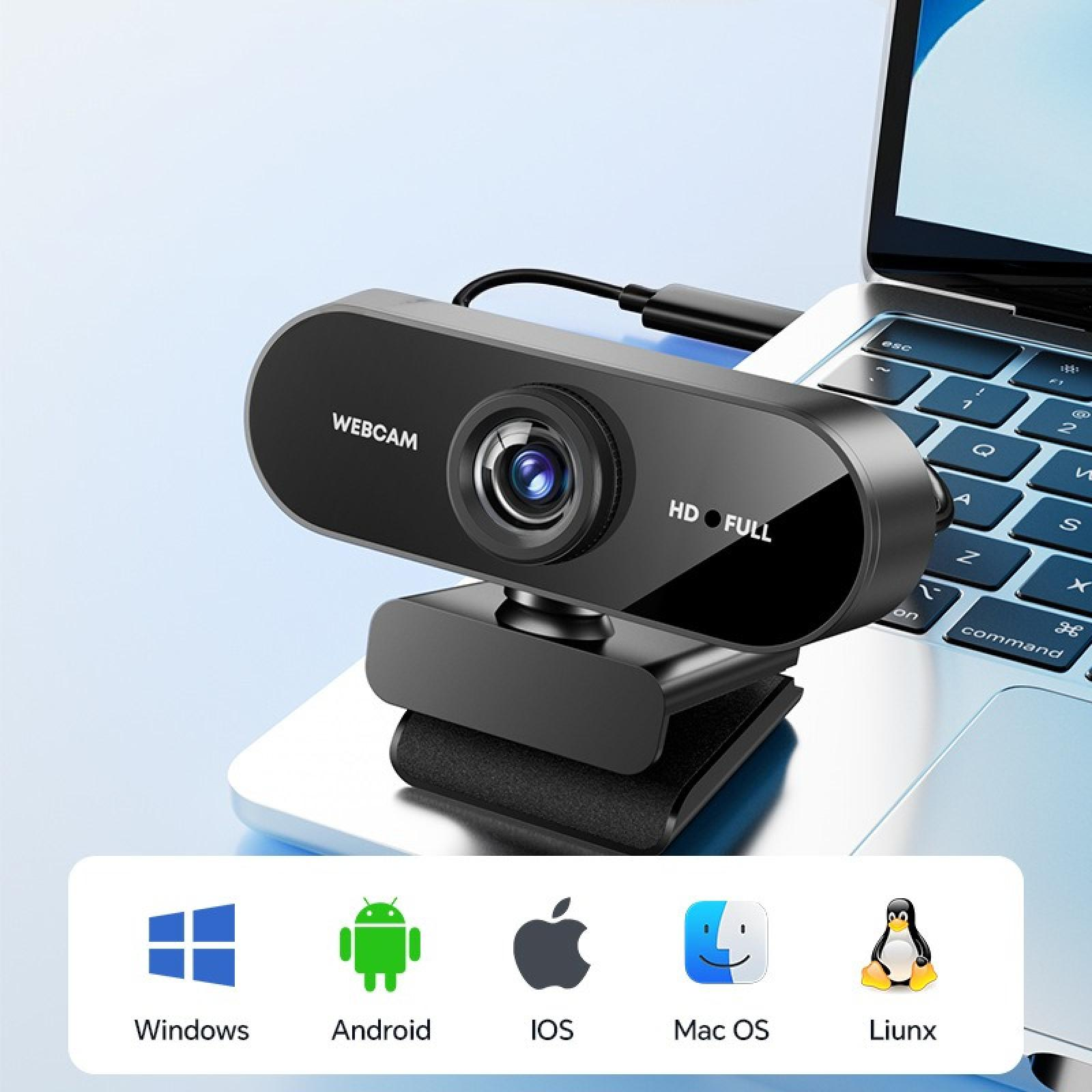 Schwarze Webcam auf einem Laptop. Symbole für Windows, Android, IOS, Mac OS und Liunx sind unten.