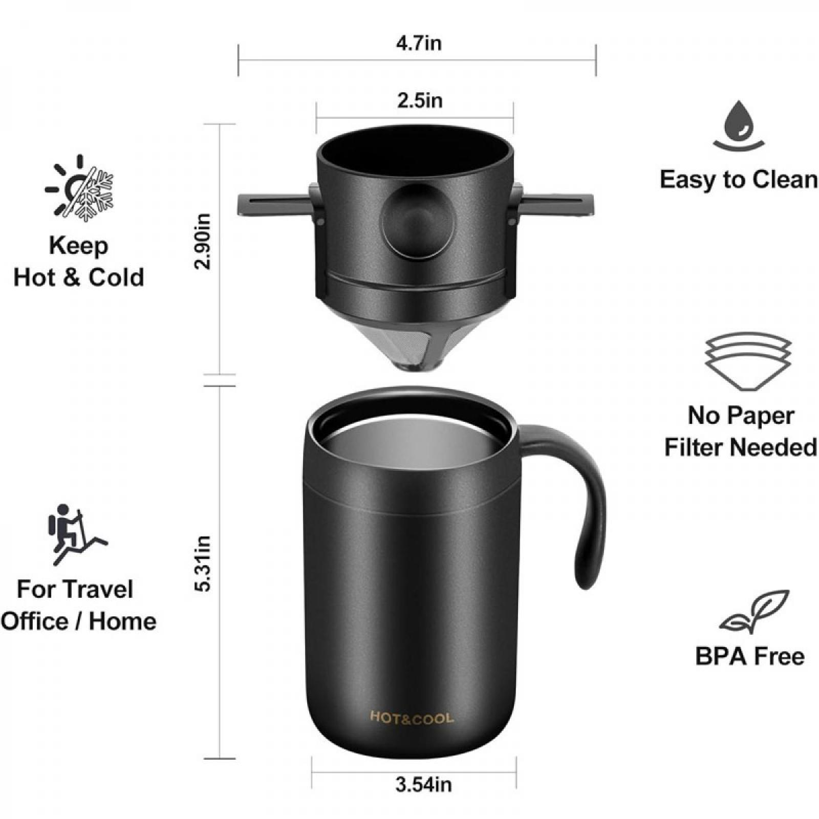 Schwarzer Kaffeebereiter und Becher. Merkmale sind 'Keep Hot & Cold', 'For Travel' und 'BPA Free'. Abmessungen angegeben.