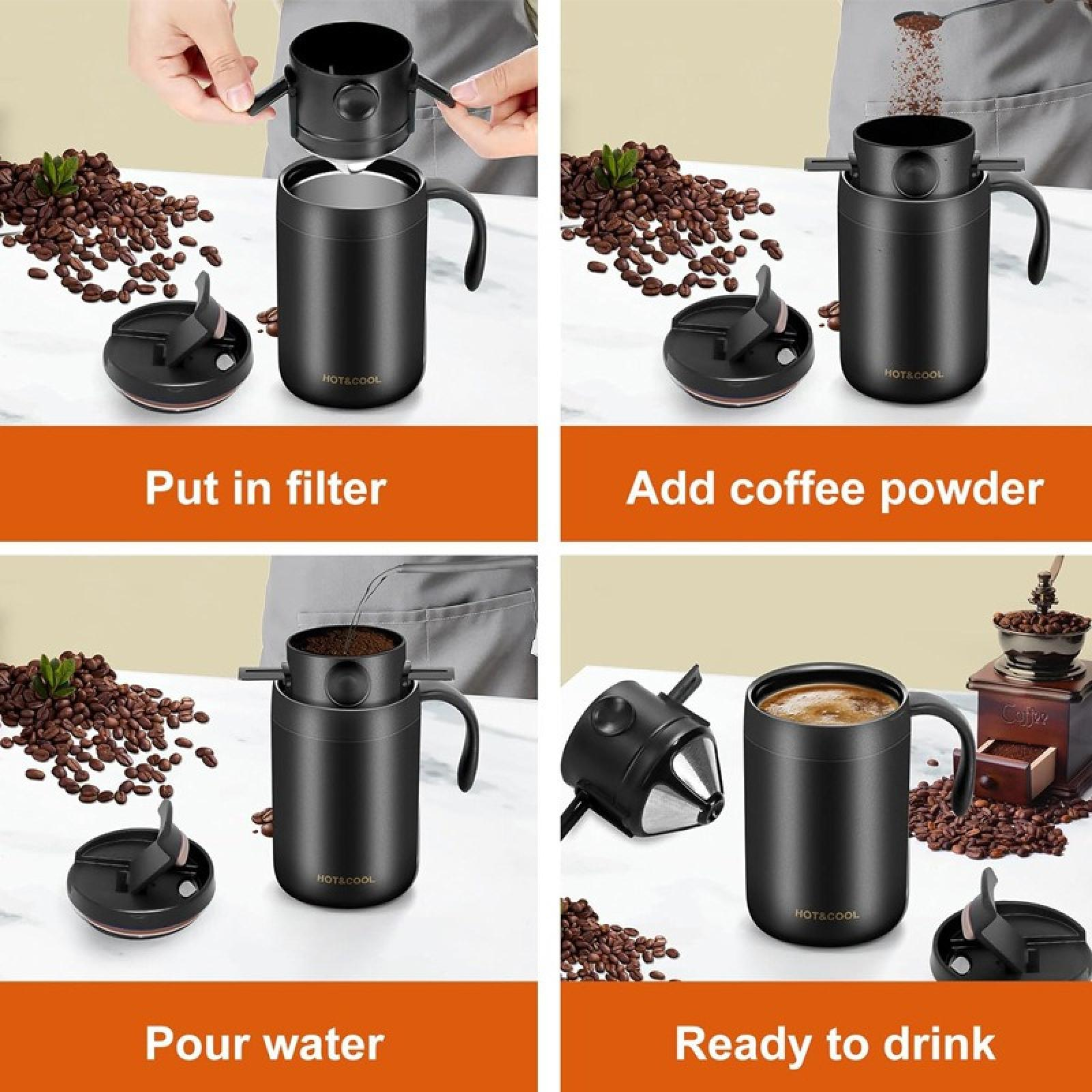 Vier Schritte der Kaffeezubereitung: Filter eingesetzt, Kaffeepulver hinzugefügt, Wasser gegossen und Kaffee fertig.