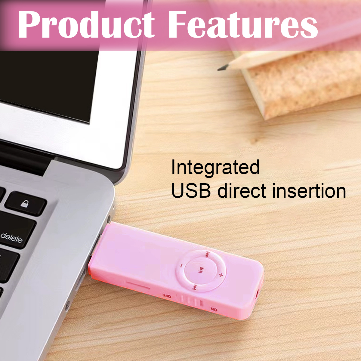 Ein rosafarbener MP3-Player ist an einen Laptop angeschlossen. Das Bild befindet sich auf einer Holzoberfläche. Text sagt: 'Integrierter USB-Direkteinsatz'.