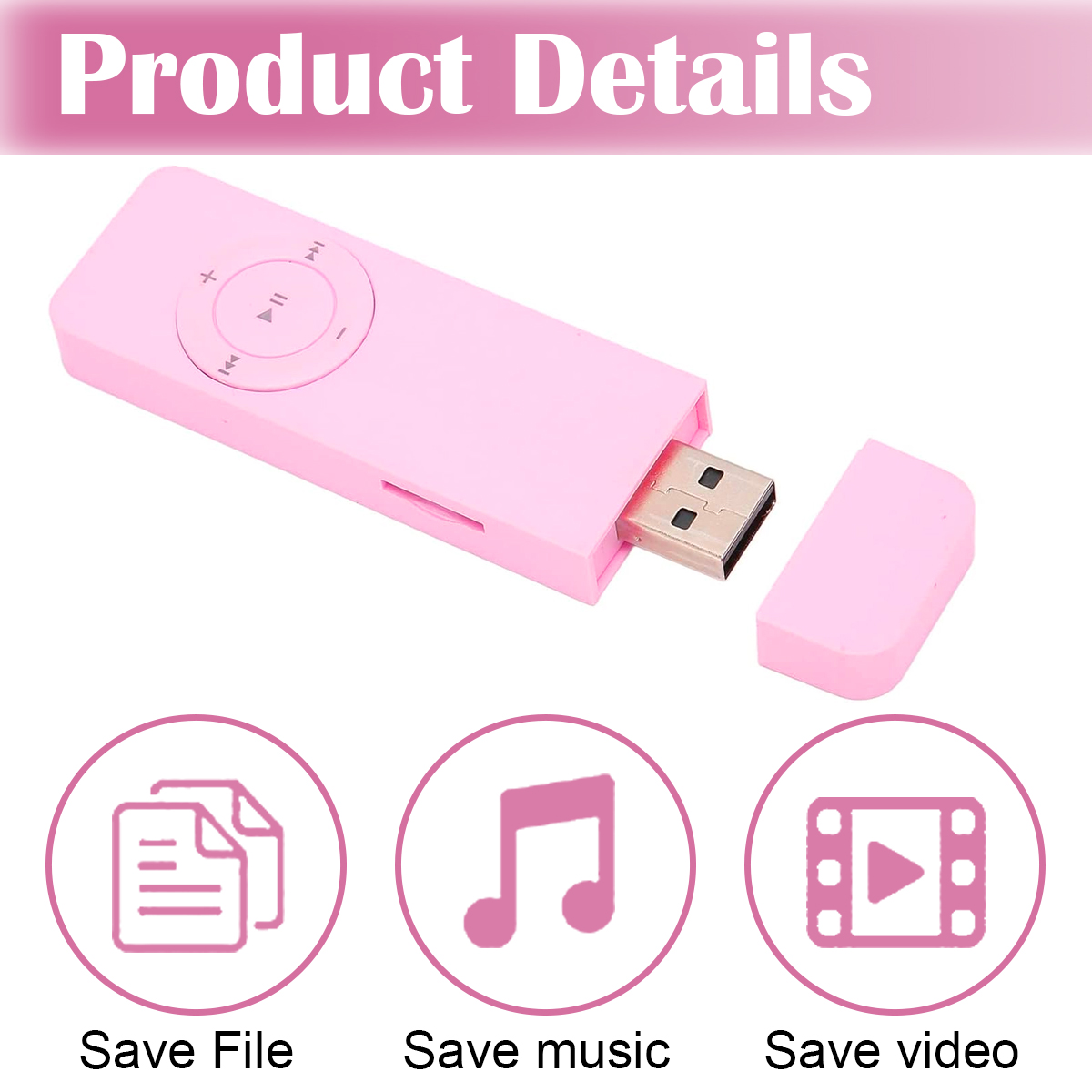 Rosa MP3-Player mit USB-Anschluss und Kappe. Symbole darunter: Datei speichern, Musik speichern und Video speichern.