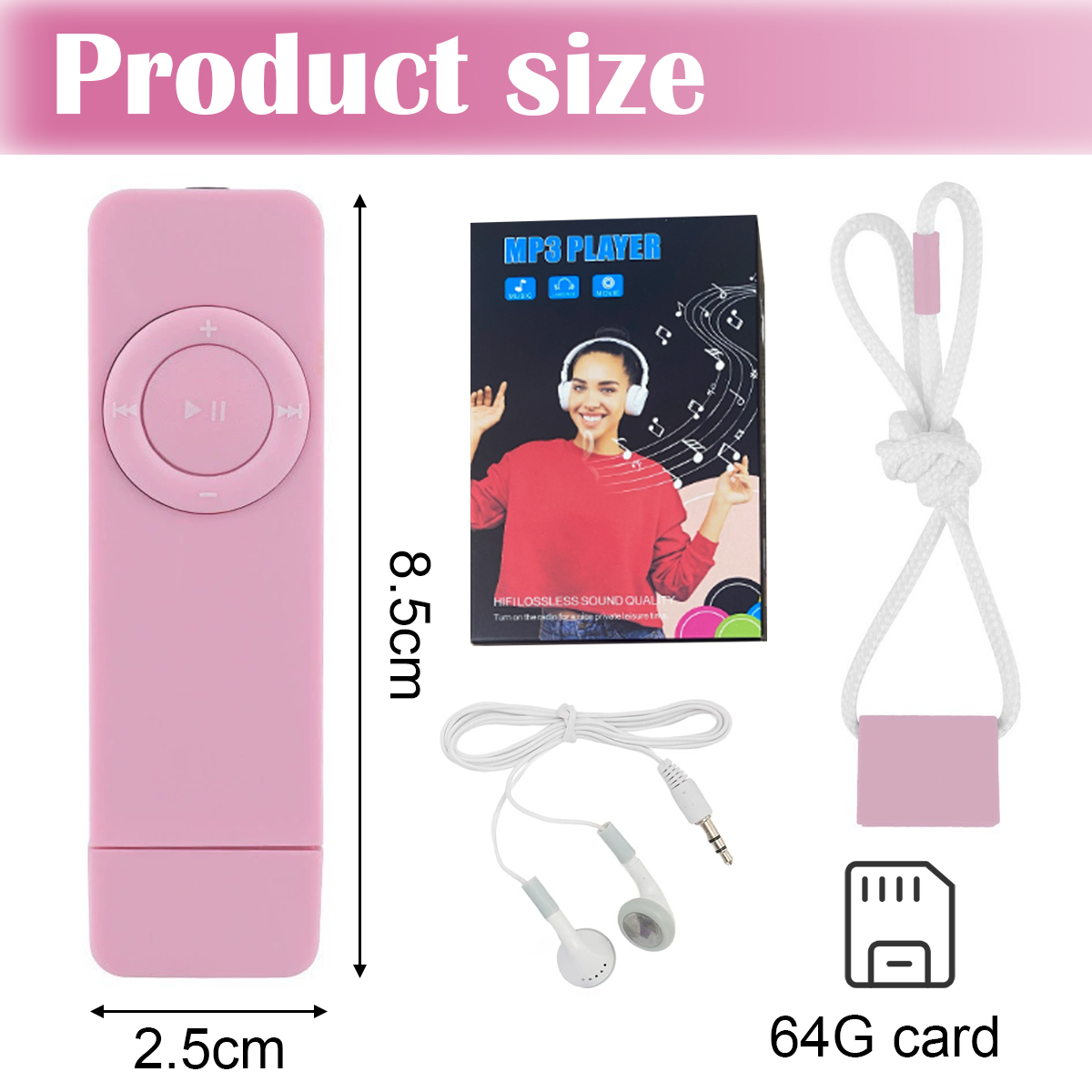 Rosa MP3-Player, Kopfhörer, 64G-Karte und Größenangaben. Player und Karte sind rosa. Die Box zeigt eine Frau mit Kopfhörern.