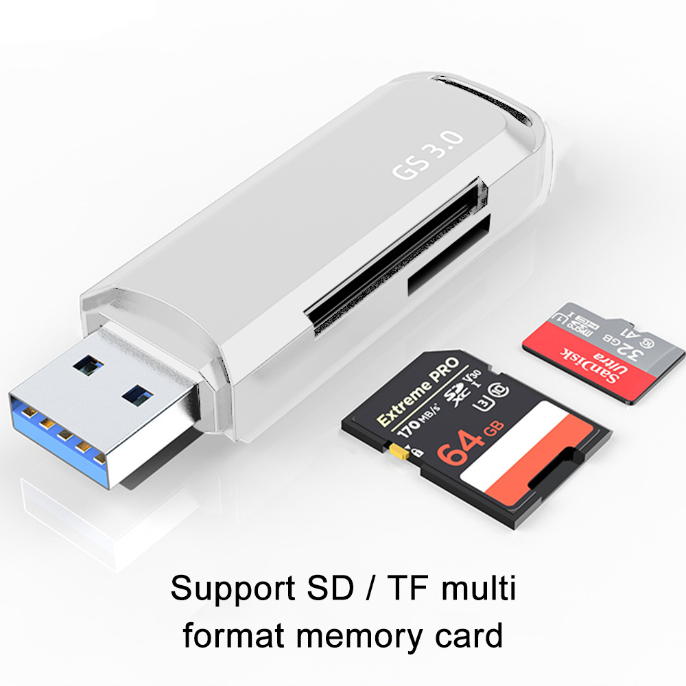Ein weißer Kartenleser mit USB-Anschluss und drei Speicherkarten: eine schwarze 64GB Extreme Pro und eine rote und graue SanDisk Ultra 32GB.