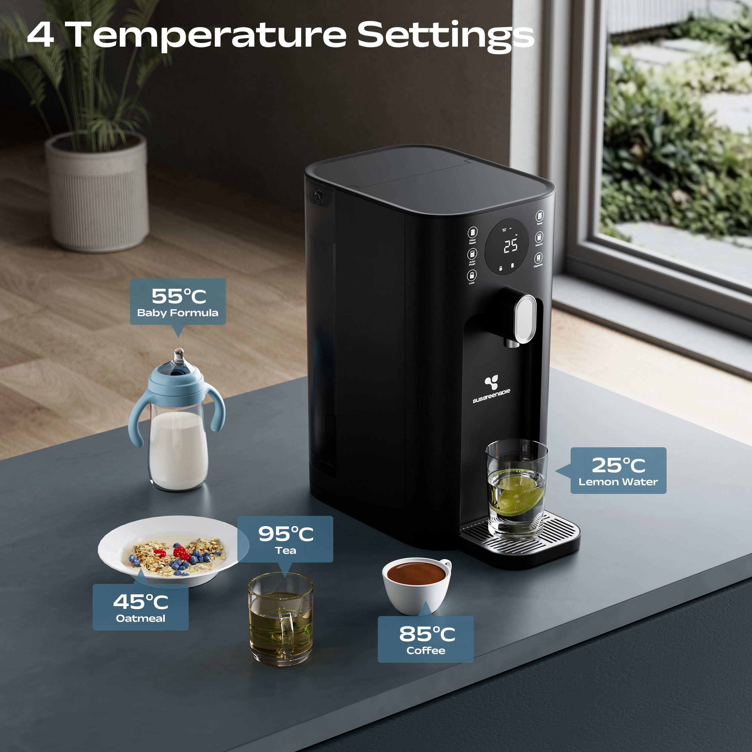Schwarzer Wasserspender mit Einstellungen für Babynahrung, Haferflocken, Tee, Zitronenwasser und Kaffee. Im Hintergrund eine Pflanze.