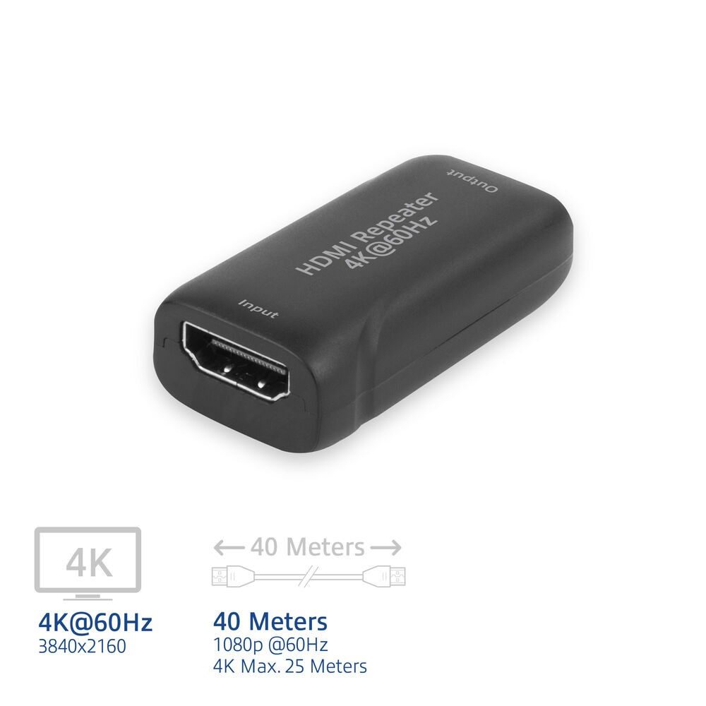 Ein schwarzer HDMI-Repeater mit den Bezeichnungen 'Input' und 'Output'. Text zeigt an, dass er 4K@60Hz unterstützt. Darunter Details: 4K, 4K@60Hz, 3840x2160.