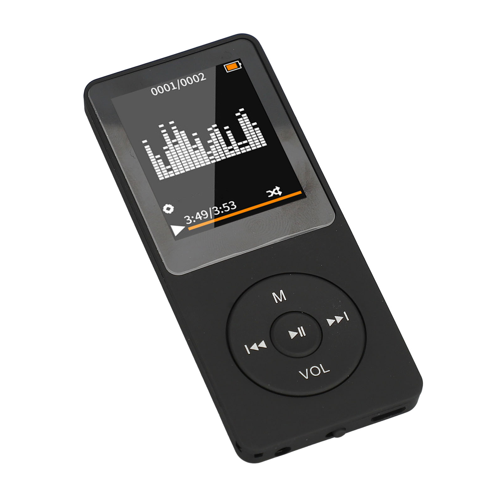 Schwarzer MP3-Player mit Musikwellenform auf dem Bildschirm. Er verfügt über Steuertasten für Wiedergabe und Lautstärke.