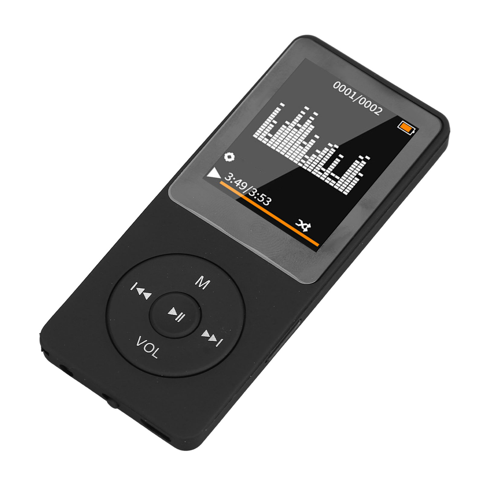Ein schwarzer MP3-Player mit Musikvisualisierer und Bedienelementen. Batterieanzeige, Zeitanzeige und Tasten.