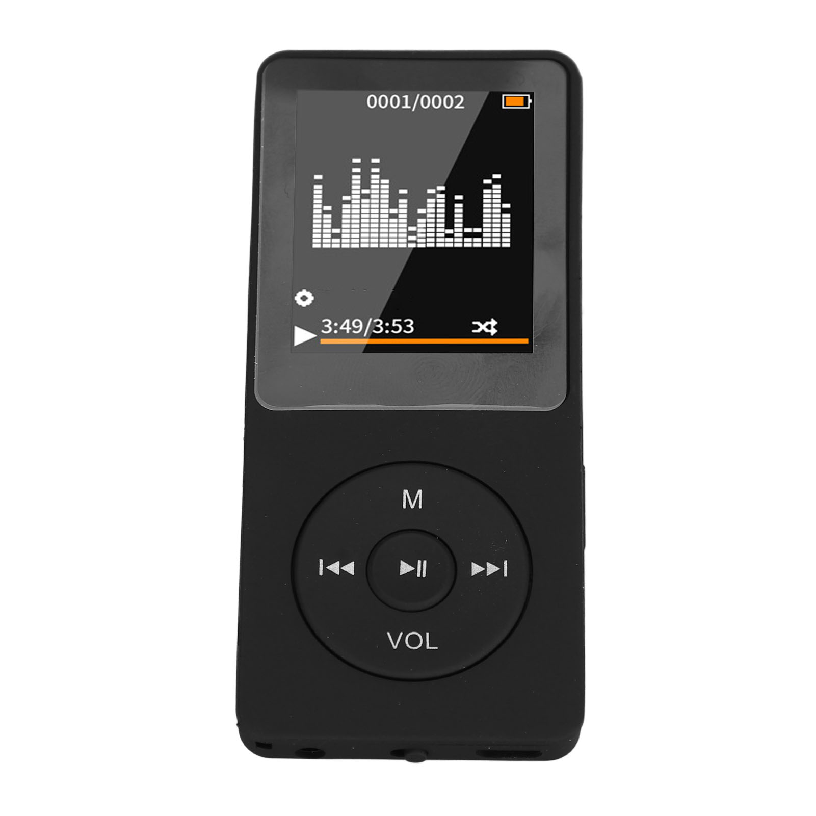 Schwarzer MP3-Player mit Bildschirm, der eine Musikwellenform und Steuertasten anzeigt. Der Bildschirm zeigt Zeit und Akku.