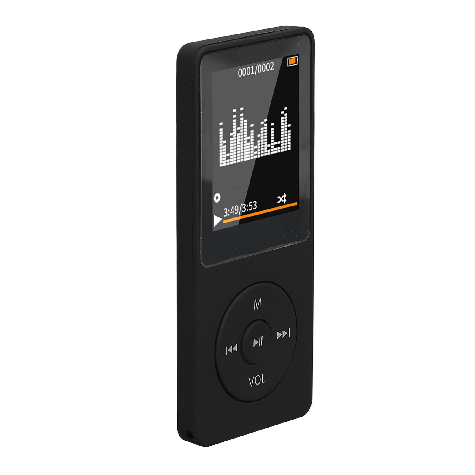 Schwarzer MP3-Player mit Bildschirm, der Audiopegel anzeigt. Tasten zur Steuerung. Zeitanzeige. Batterieanzeige.