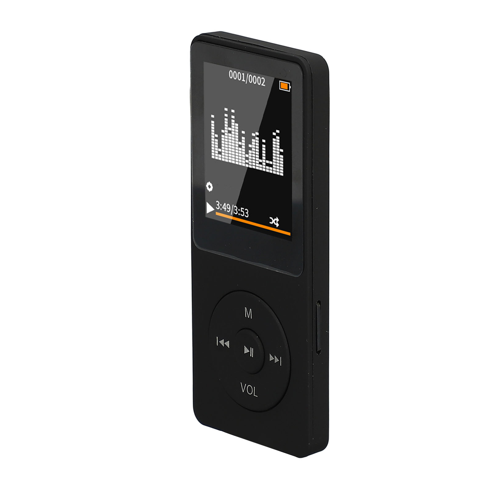 Schwarzer MP3-Player mit Musikwellenform, Zeit und Steuertasten vor weißem Hintergrund.