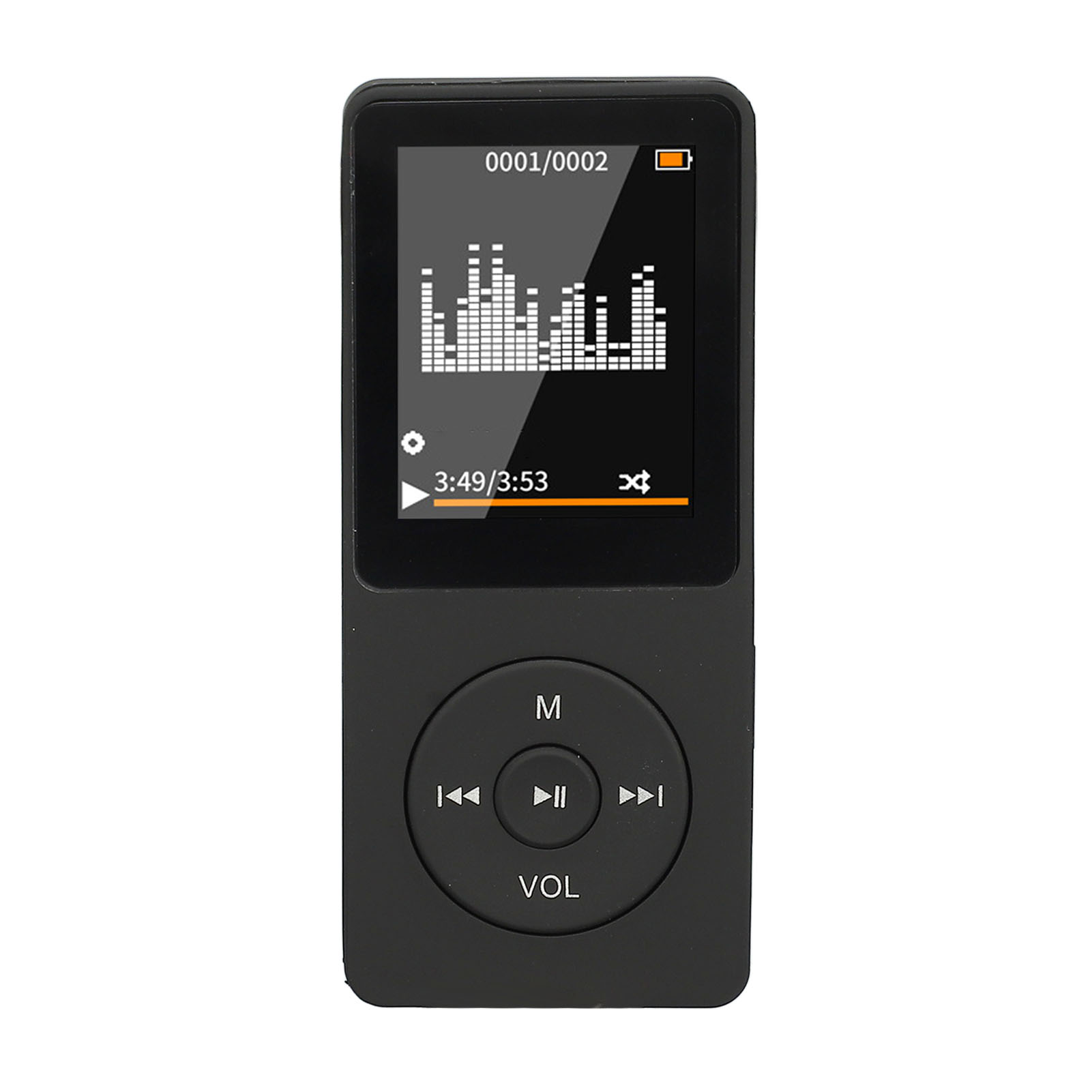 Schwarzer MP3-Player mit Titelinformationen und Wiedergabesteuerung. Tasten: Wiedergabe/Pause, Überspringen und Lautstärke.