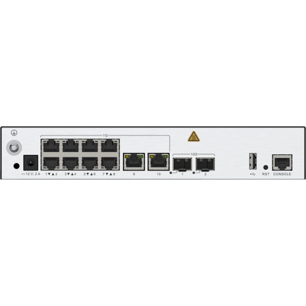 Birkaç bağlantı noktası ve konektöre sahip gümüş renkli bir ağ cihazı. Etiketler arasında '12V 2A', 'RST' ve 'CONSOLE' bulunur. Bir uyarı sembolü görünür.