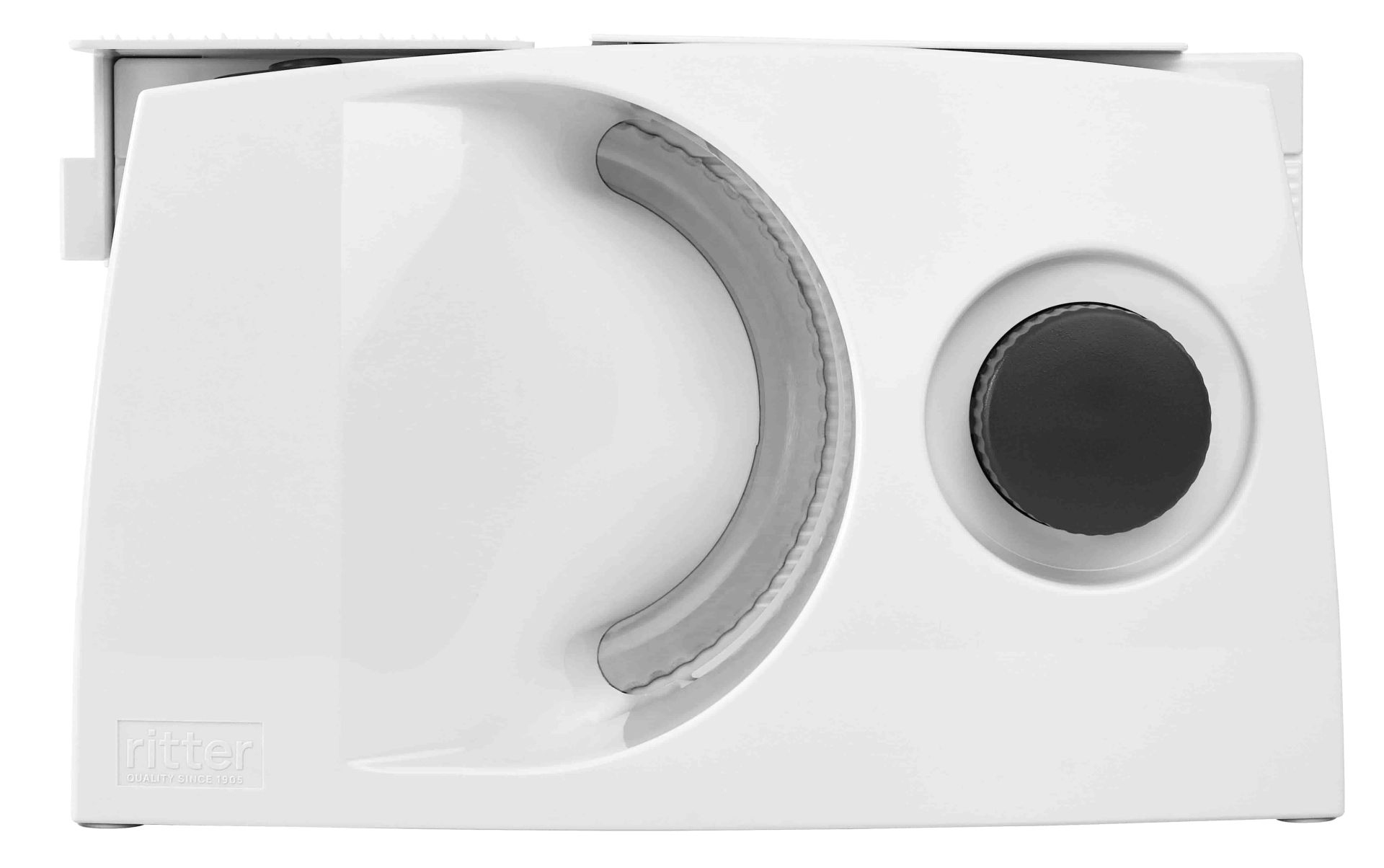 Biała krajalnica do żywności z zakrzywionym uchwytem i czarnym pokrętłem po prawej stronie. Widoczna marka 'ritter'.