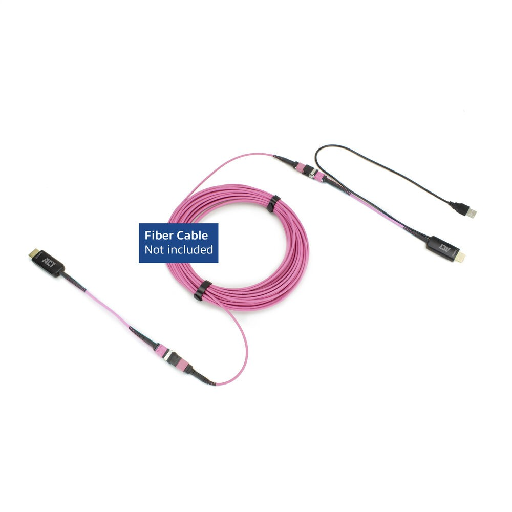 Een roze glasvezelkabel met zwarte connectoren. Een deel is opgerold, met de tekst 'Fiber Cable Not included' in een blauw kader.