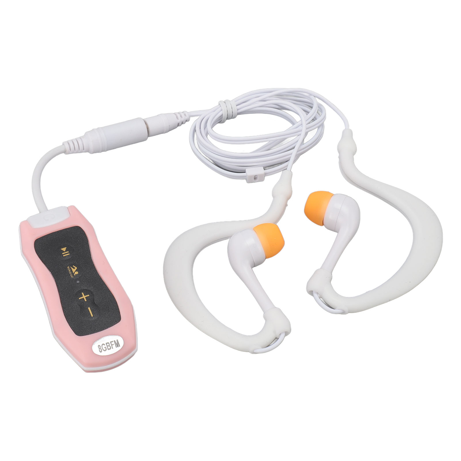 Rosa-schwarzer MP3-Player mit weißen Kopfhörern. Ohrhörer sind orange. Weißes Kabel aufgerollt. Isoliert auf weißem Hintergrund.