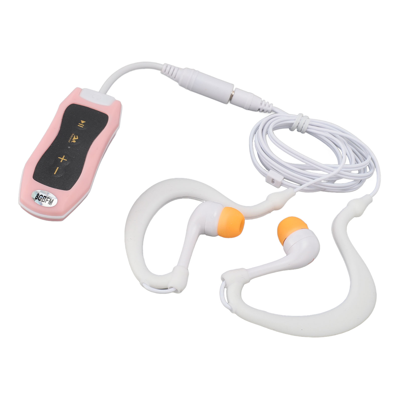 Rosa-schwarzer MP3-Player mit weißen Ohrhörern und Kabel. Orangefarbene Ohrhörerspitzen.