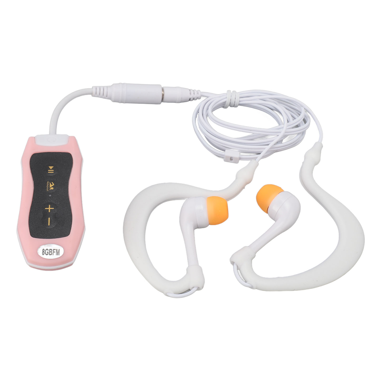 Rosa-schwarzer MP3-Player mit weißen Kopfhörern. Orangefarbene Ohrstöpsel. Weißes Kabel. Tasten für Wiedergabe/Pause und Lautstärke.