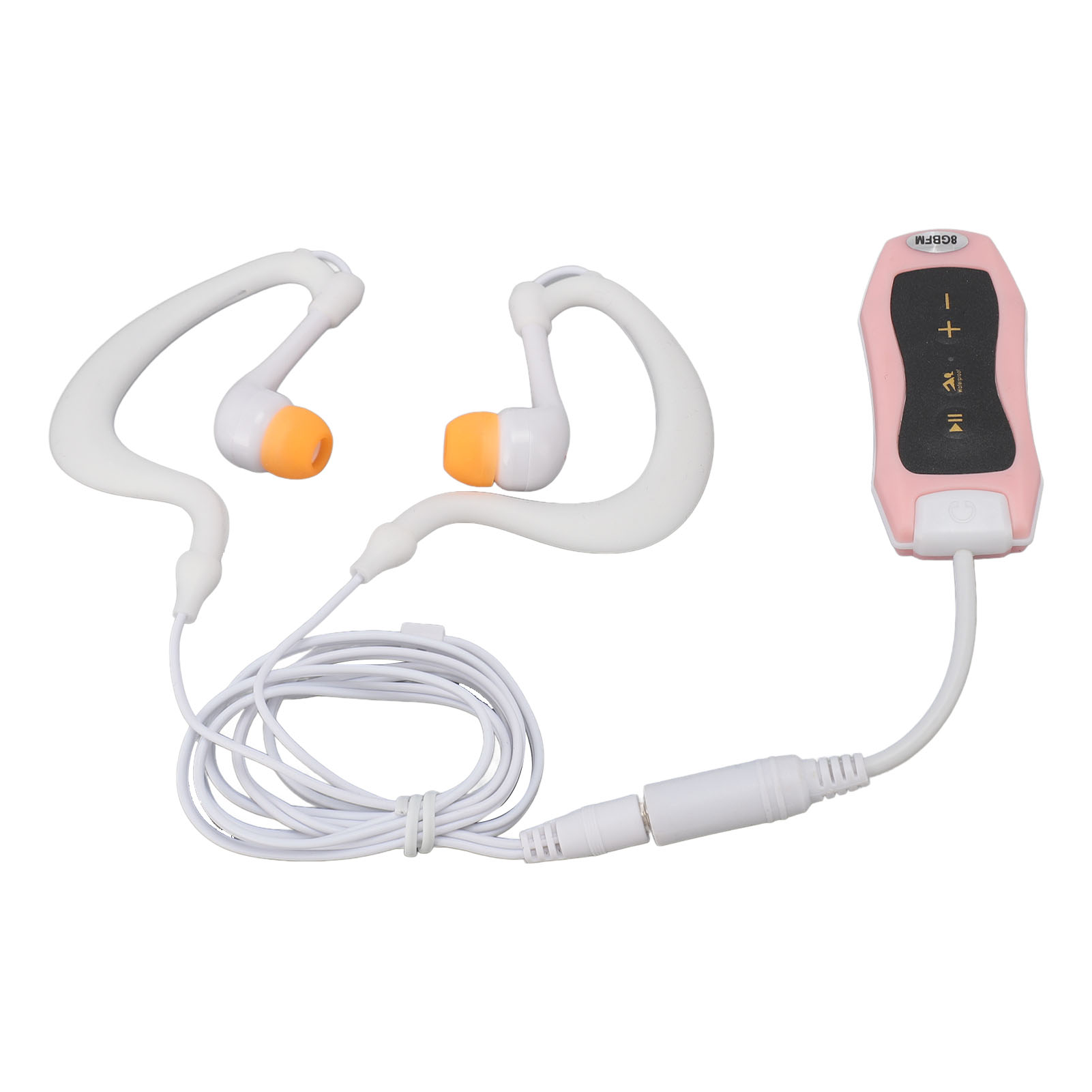 Weiße Kopfhörer mit orangen Spitzen und ein rosa Player mit Tasten. Ein weißes Kabel verbindet sie auf weißem Hintergrund.