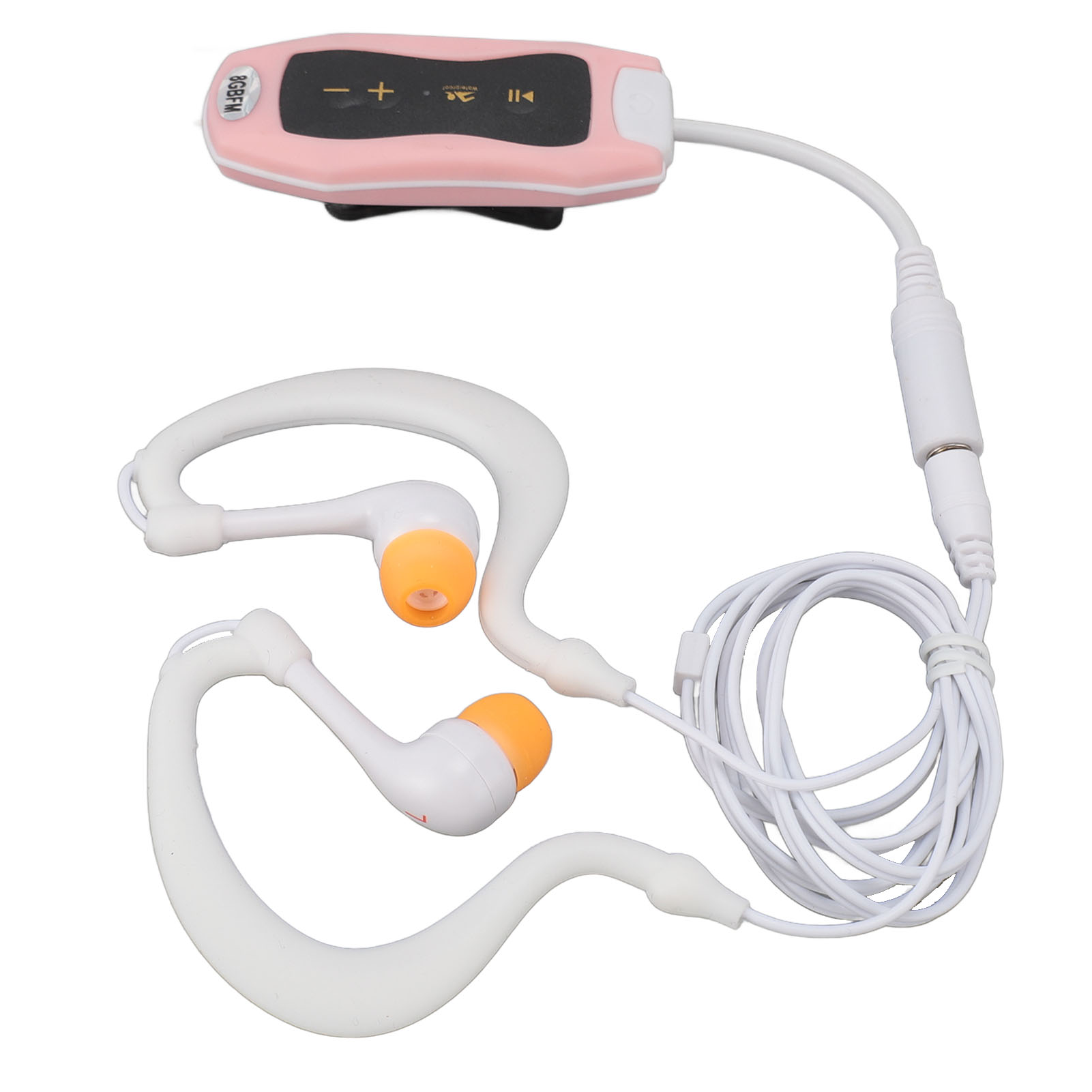 Ein rosa-schwarzer MP3-Player mit weißen Kopfhörern. Die Ohrhörer sind orange. Das Kabel ist weiß.